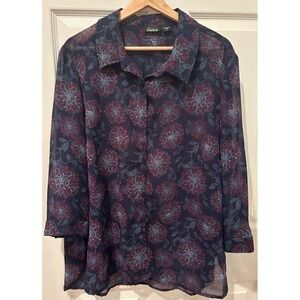 Simply Emma Women's Sheer Shirt Top Navy With Multicolor Flowers size 1X